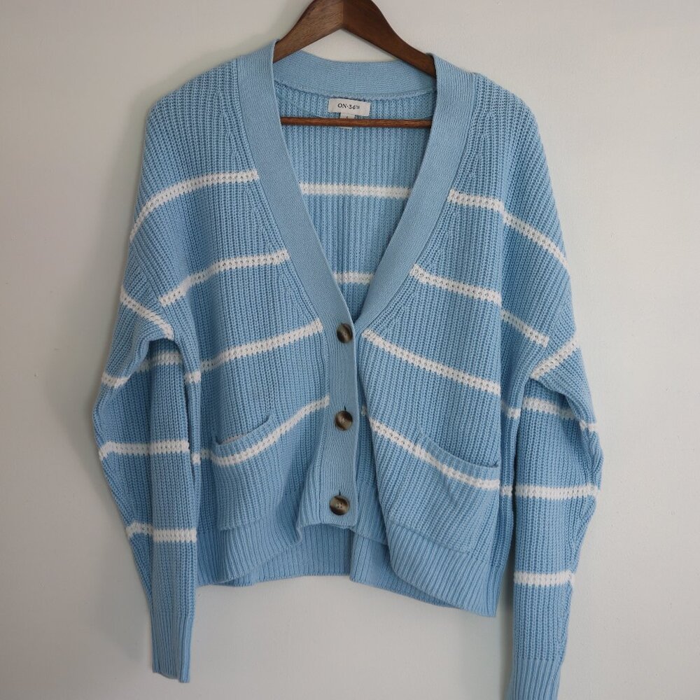 Women's ON 34th Light Blue Cardigan w White Stripes